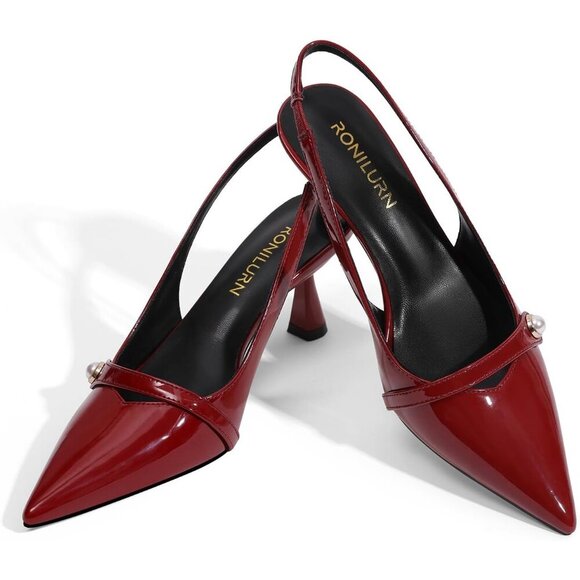 🆕 Women Burgundy Polyurethane Kitten Heels Slingback Pearl Pumps - Picture 4 of 8